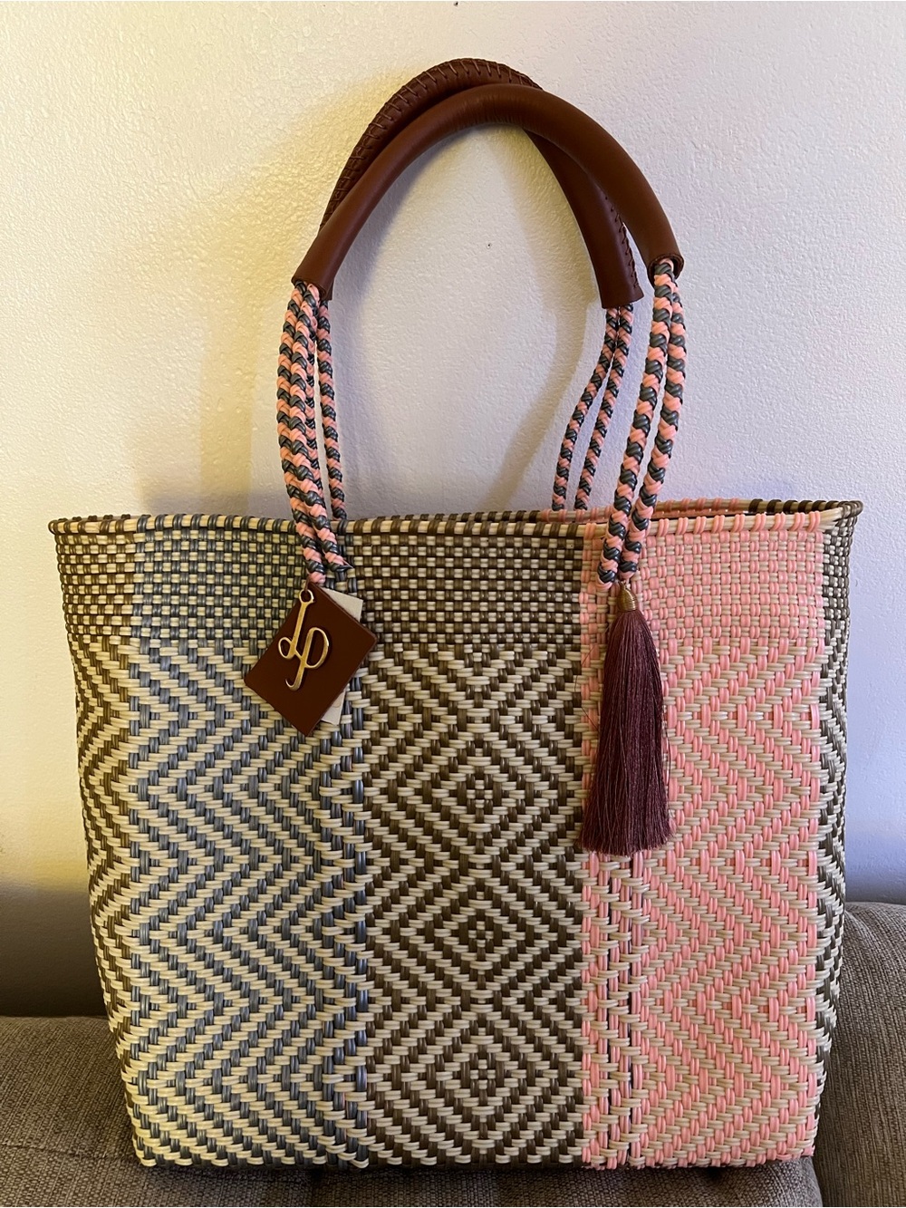 Woven Two-Tone Tote with Pink Tassel Accent